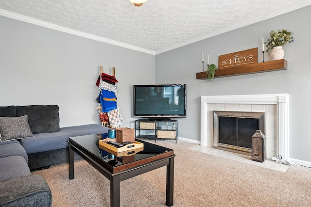 1126 Welwyn Dr, Westerville, OH 43081 - carpeted living area featuring a textured ceiling, a tile fireplace, crown molding, and tile patterned flooring