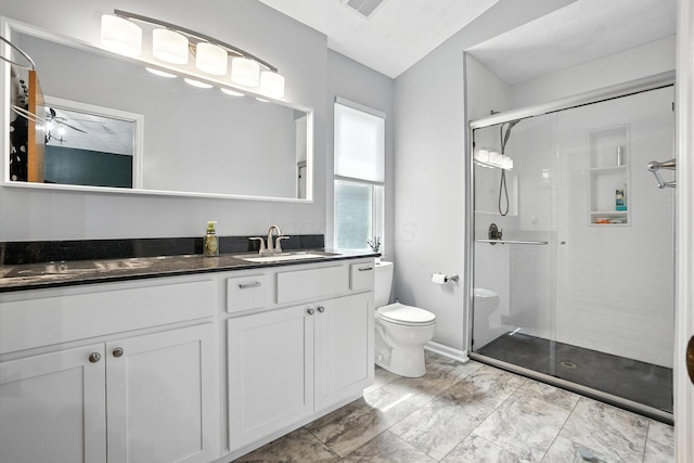 1126 Welwyn Dr, Westerville, OH 43081 - bathroom featuring a stall shower, double vanity, and lofted ceiling