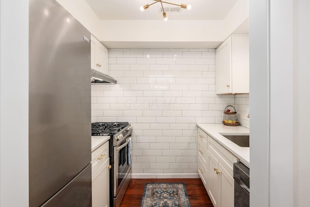 249 E Kossuth St Unit E, Columbus, OH 43206 - kitchen with stainless steel appliances, under cabinet range hood, dark wood-style flooring, light countertops, and white cabinets