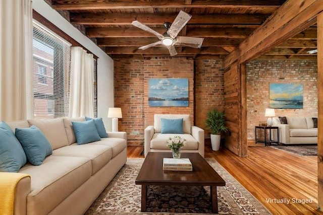 867-871 Delaware Ave, Columbus, OH 43215 - living area with brick wall, a wood ceiling with exposed beams, wood finished floors, and a ceiling fan