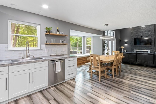 10382 Wright Rd NW, Canal Winchester, OH 43110 - kitchen featuring stainless steel dishwasher, white cabinetry, light wood finished floors, decorative backsplash, and pendant lighting