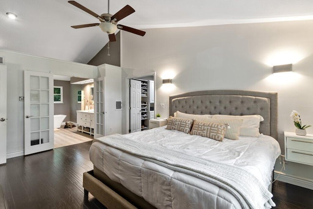 10382 Wright Rd NW, Canal Winchester, OH 43110 - bedroom featuring french doors, wood finished floors, a ceiling fan, high vaulted ceiling, and connected bathroom