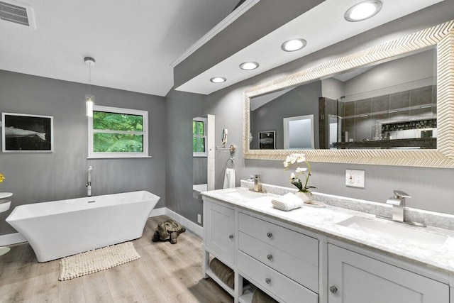 10382 Wright Rd NW, Canal Winchester, OH 43110 - full bathroom with double vanity, a freestanding bath, a tile shower, wood finished floors, and recessed lighting