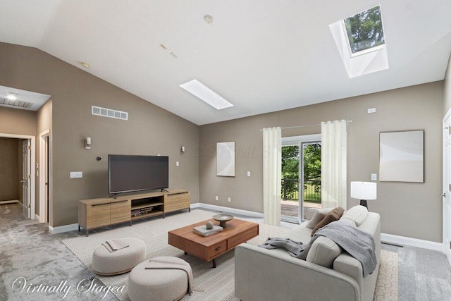 10382 Wright Rd NW, Canal Winchester, OH 43110 - living room with a skylight, lofted ceiling, and light colored carpet