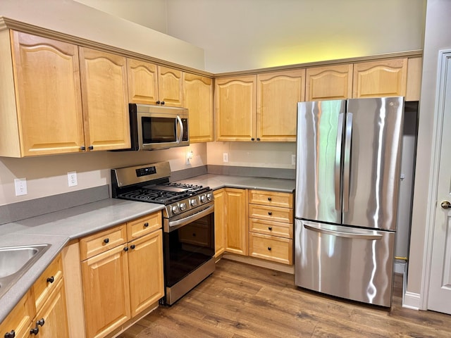 6608 Lakeview Cir, Canal Winchester, OH 43110 - kitchen featuring stainless steel appliances, light brown cabinets, dark wood finished floors, and light countertops