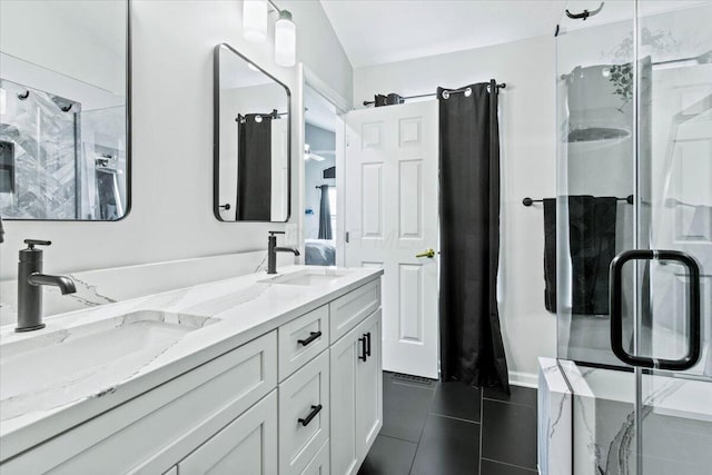 5821 Albany Grv, Westerville, OH 43081 - bathroom with a shower stall, double vanity, and tile patterned floors