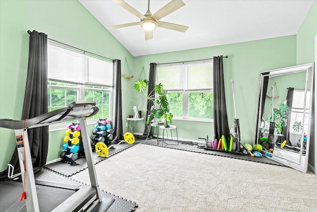 5821 Albany Grv, Westerville, OH 43081 - workout room featuring a ceiling fan, lofted ceiling, and carpet floors