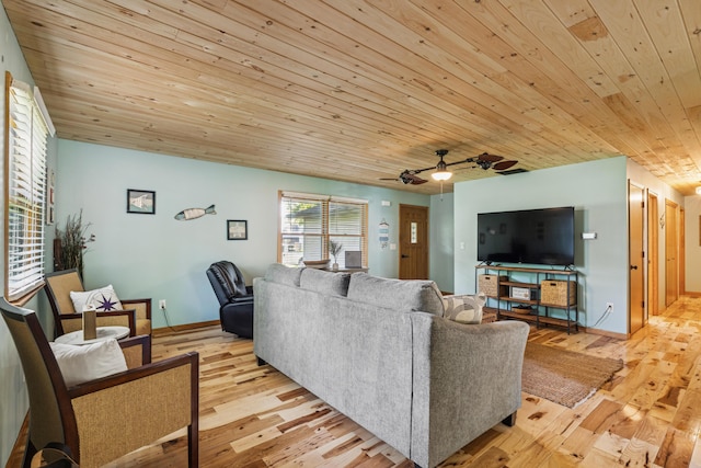 4490 N Bank Rd, Buckeye Lake, OH 43008 - living room with light wood-style flooring, wooden ceiling, and a ceiling fan