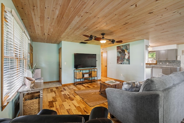 4490 N Bank Rd, Buckeye Lake, OH 43008 - living room featuring light wood finished floors, wood ceiling, and ceiling fan