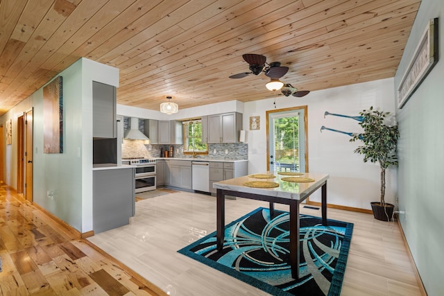 4490 N Bank Rd, Buckeye Lake, OH 43008 - kitchen featuring gray cabinets, wall chimney exhaust hood, white dishwasher, light countertops, and light wood-style floors
