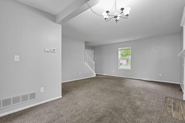 7607-7609 Penwood Pl, Columbus, OH 43235 - unfurnished living room with stairs, carpet, a chandelier, and a textured ceiling