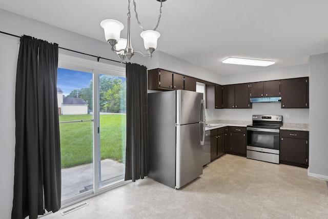 7607-7609 Penwood Pl, Columbus, OH 43235 - kitchen featuring appliances with stainless steel finishes, under cabinet range hood, light countertops, dark brown cabinetry, and a chandelier
