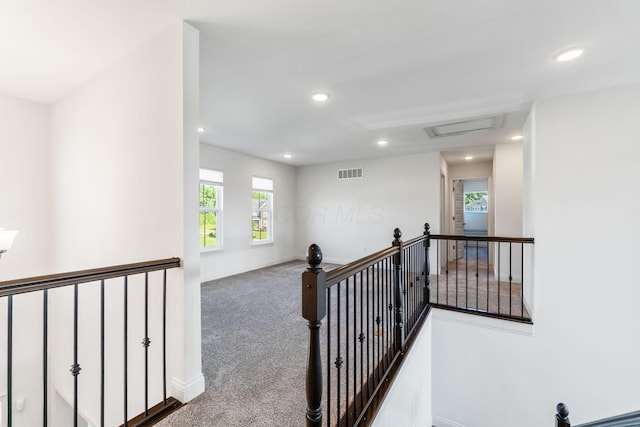 3622 Switchgrass Ct, Hilliard, OH 43026 - hallway featuring an upstairs landing, carpet flooring, attic access, and recessed lighting