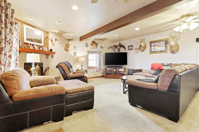5255 State Route 138, Circleville, OH 43113 - carpeted living room featuring a ceiling fan, recessed lighting, beamed ceiling, and a tiled fireplace