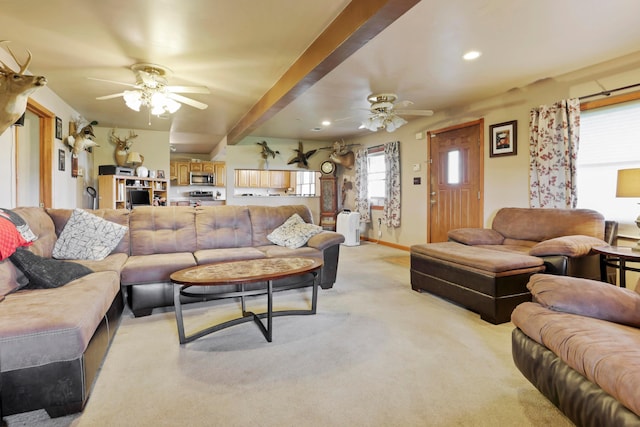 5255 State Route 138, Circleville, OH 43113 - living room featuring a ceiling fan, light colored carpet, beam ceiling, and recessed lighting