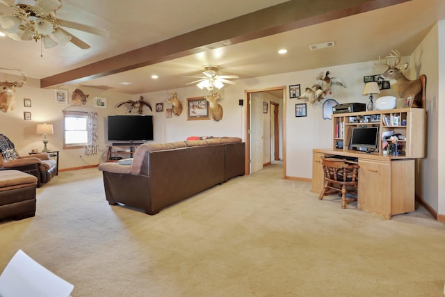 5255 State Route 138, Circleville, OH 43113 - living room featuring a ceiling fan, light carpet, recessed lighting, and beam ceiling