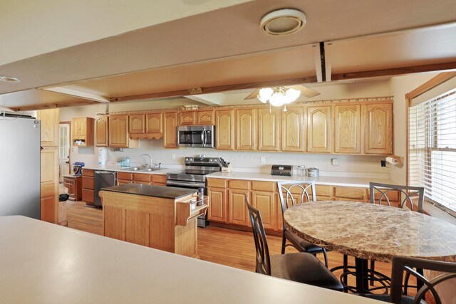 5255 State Route 138, Circleville, OH 43113 - kitchen featuring stainless steel appliances, beam ceiling, light wood finished floors, a ceiling fan, and light countertops