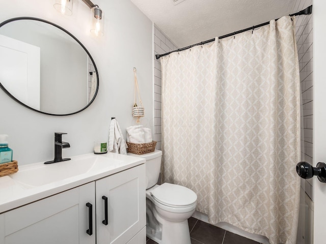 5611 Donnally Ct, Dublin, OH 43016 - full bathroom featuring vanity, tile patterned flooring, a textured ceiling, and a shower with curtain
