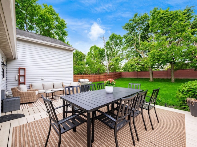 5611 Donnally Ct, Dublin, OH 43016 - deck featuring an outdoor living space, a fenced backyard, and outdoor dining space