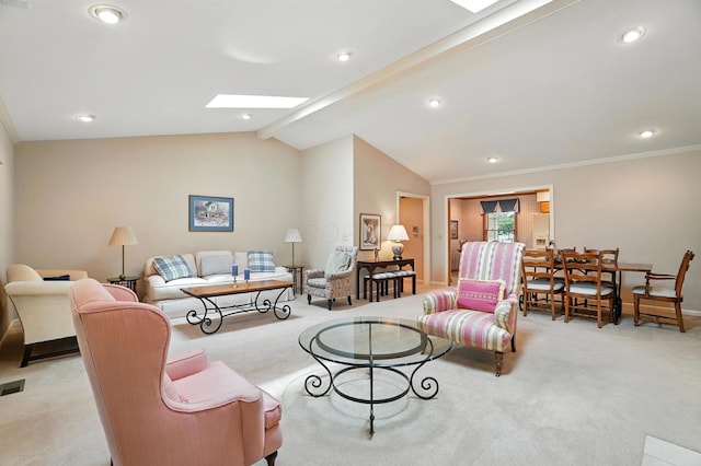 3175 Dartford Trce, Dublin, OH 43017 - living area with light colored carpet, recessed lighting, ornamental molding, and a skylight