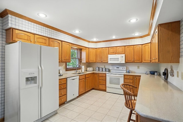 3175 Dartford Trce, Dublin, OH 43017 - kitchen with white appliances, ornamental molding, light countertops, light tile patterned floors, and brown cabinetry