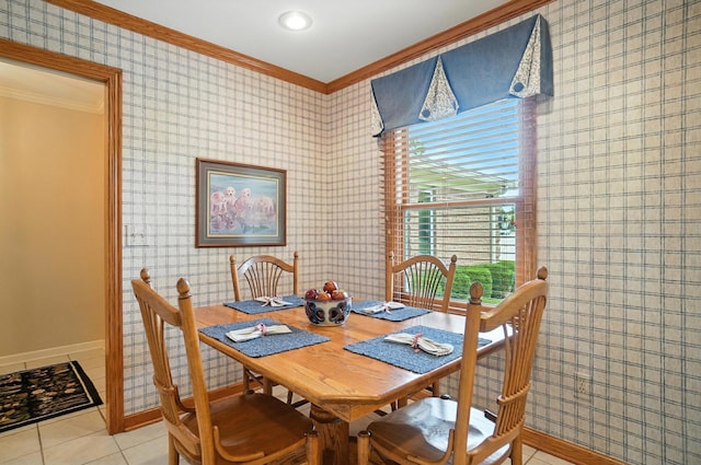 3175 Dartford Trce, Dublin, OH 43017 - dining room featuring crown molding, light tile patterned floors, wallpapered walls, and recessed lighting