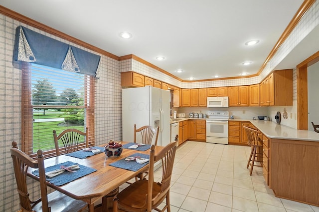 3175 Dartford Trce, Dublin, OH 43017 - kitchen featuring white appliances, crown molding, wallpapered walls, light tile patterned flooring, and light countertops