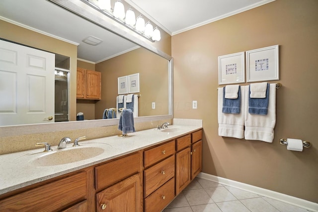 3175 Dartford Trce, Dublin, OH 43017 - bathroom featuring double vanity, ornamental molding, and tile patterned flooring