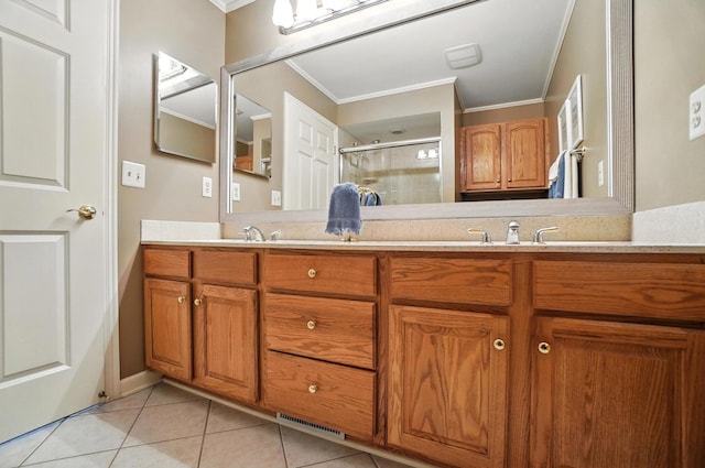 3175 Dartford Trce, Dublin, OH 43017 - full bathroom featuring crown molding, double vanity, tile patterned floors, and a stall shower