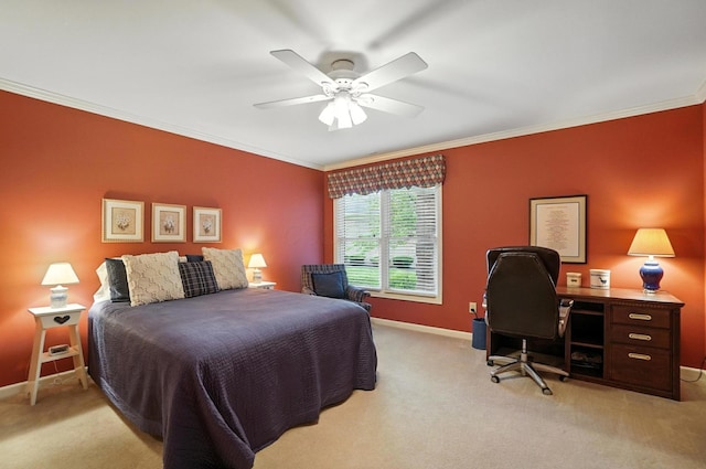 3175 Dartford Trce, Dublin, OH 43017 - bedroom with light colored carpet, crown molding, a ceiling fan, and an office area