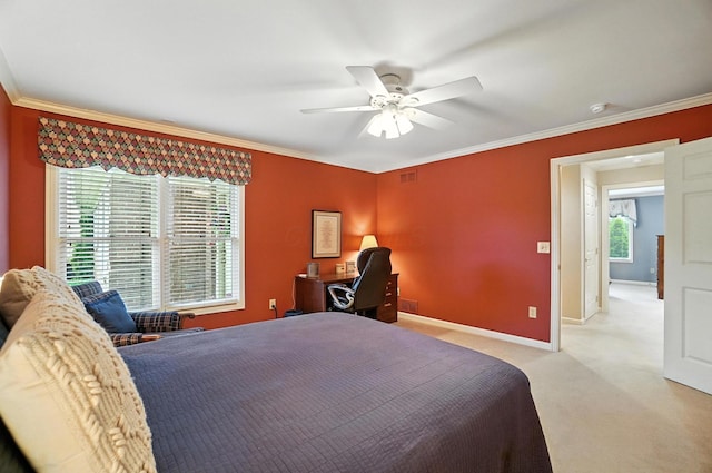 3175 Dartford Trce, Dublin, OH 43017 - bedroom featuring ornamental molding, light carpet, and a ceiling fan