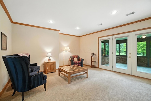3175 Dartford Trce, Dublin, OH 43017 - sitting room featuring light colored carpet, ornamental molding, recessed lighting, and french doors
