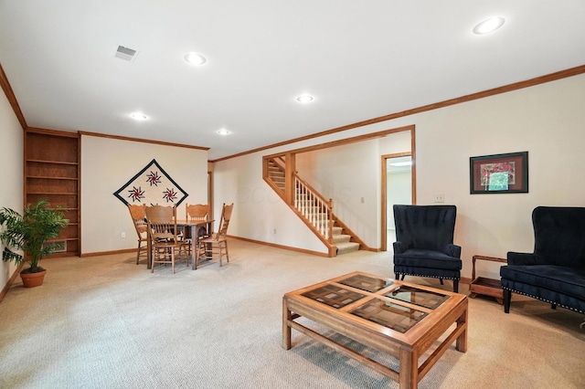 3175 Dartford Trce, Dublin, OH 43017 - living room featuring crown molding, stairway, carpet, and recessed lighting