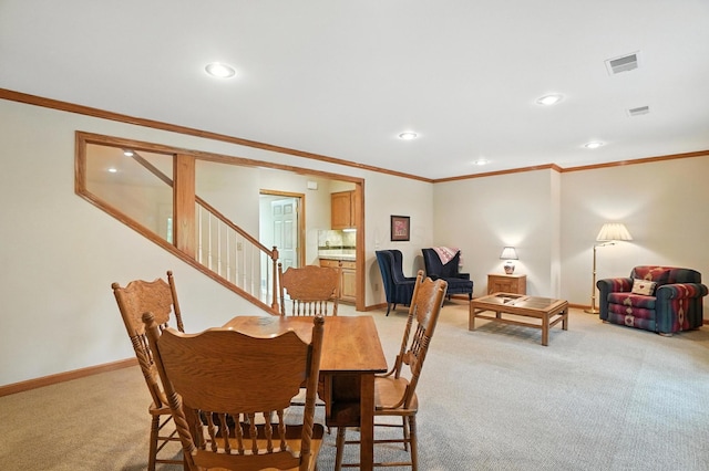 3175 Dartford Trce, Dublin, OH 43017 - dining space featuring light carpet, ornamental molding, recessed lighting, and stairs