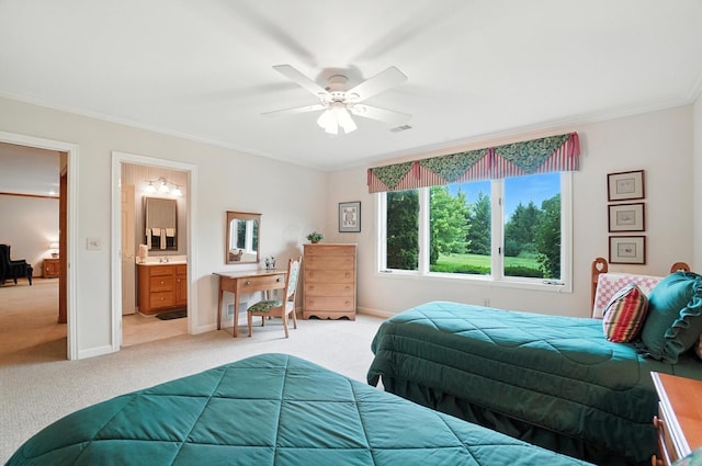 3175 Dartford Trce, Dublin, OH 43017 - bedroom with light carpet, ornamental molding, ensuite bathroom, and ceiling fan