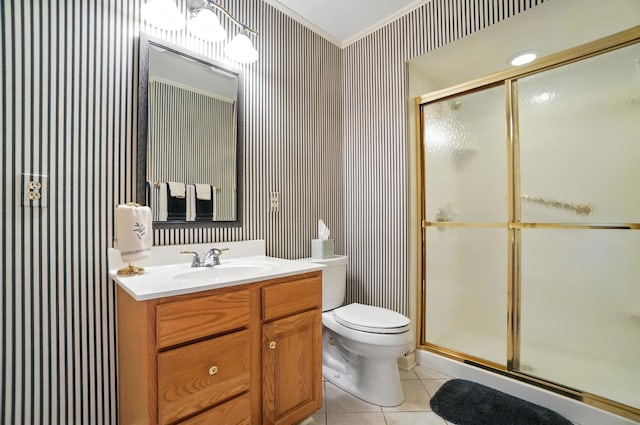 3175 Dartford Trce, Dublin, OH 43017 - full bathroom with wallpapered walls, tile patterned floors, a stall shower, and vanity