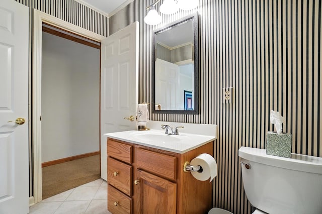 3175 Dartford Trce, Dublin, OH 43017 - half bath featuring wallpapered walls, vanity, tile patterned floors, and crown molding