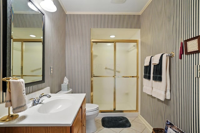 3175 Dartford Trce, Dublin, OH 43017 - full bath featuring wallpapered walls, a shower stall, tile patterned flooring, crown molding, and vanity