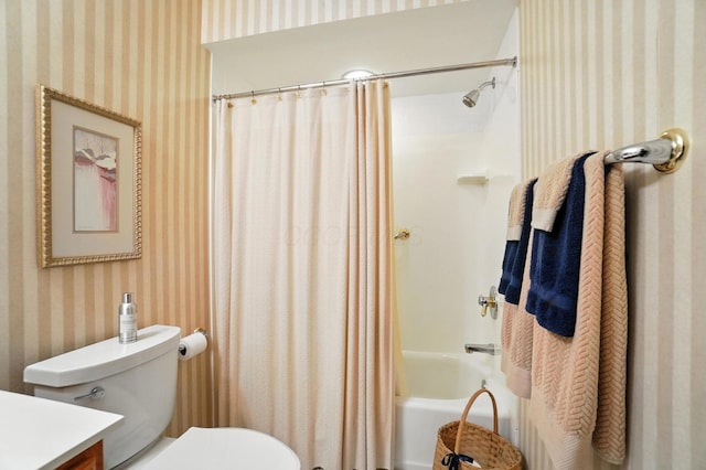 3175 Dartford Trce, Dublin, OH 43017 - bathroom with wallpapered walls, vanity, and shower / tub combo with curtain