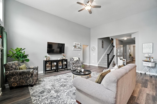 618 Ludham Trl, Pickerington, OH 43147 - living area with a ceiling fan, dark wood finished floors, and stairway