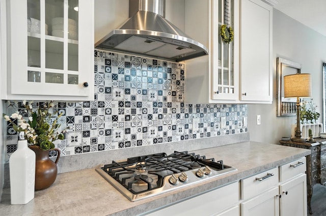 618 Ludham Trl, Pickerington, OH 43147 - kitchen with wall chimney exhaust hood, stainless steel gas stovetop, light countertops, glass insert cabinets, and white cabinetry