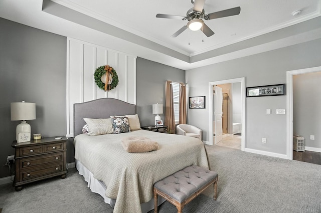 618 Ludham Trl, Pickerington, OH 43147 - bedroom featuring a raised ceiling, ornamental molding, carpet, ensuite bathroom, and ceiling fan