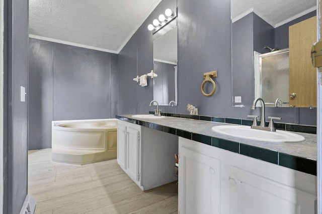 6471 Graham Rd, Mount Vernon, OH 43050 - full bathroom featuring a textured ceiling, ornamental molding, a garden tub, double vanity, and wood finished floors