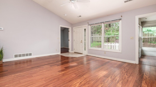 74 Stonington Cir, Newark, OH 43055 - unfurnished room featuring a ceiling fan, wood finished floors, and lofted ceiling