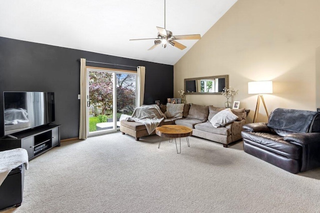 486 Ruffin Dr, Galloway, OH 43119 - living area featuring a ceiling fan, carpet, and high vaulted ceiling