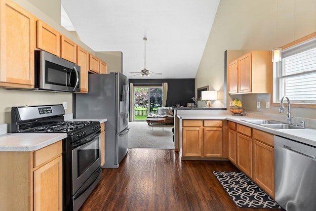 486 Ruffin Dr, Galloway, OH 43119 - kitchen with stainless steel appliances, open floor plan, dark wood-style floors, light countertops, and ceiling fan