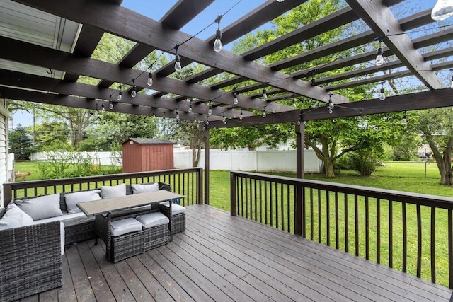 3748 Wagner Ct, Grove City, OH 43123 - wooden deck with a storage unit, an outdoor living space, a fenced backyard, and a pergola