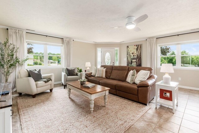 2591 Apple Valley Dr, Howard, OH 43028 - living area with light tile patterned floors, a ceiling fan, a textured ceiling, and ornamental molding