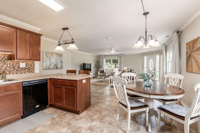 2591 Apple Valley Dr, Howard, OH 43028 - kitchen featuring dishwasher, light countertops, crown molding, backsplash, and brown cabinetry