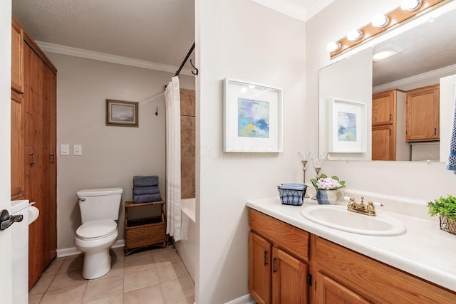 2591 Apple Valley Dr, Howard, OH 43028 - full bathroom with vanity, tile patterned floors, ornamental molding, and shower / bathtub combination with curtain